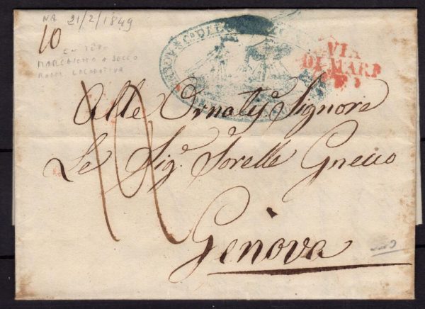 Napoli 1849 lettera da Napoli per genova per vie di mare con la compagnia dei Vapori Sardi in Napoli