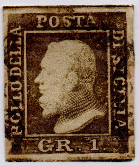 1859 - 1 grano bruno olivastro .Cat n.3d, annullato. Certificato Diena .