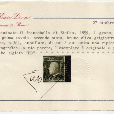 1859 - 1 grano bruno olivastro .Cat n.3d, annullato. Certificato Diena .