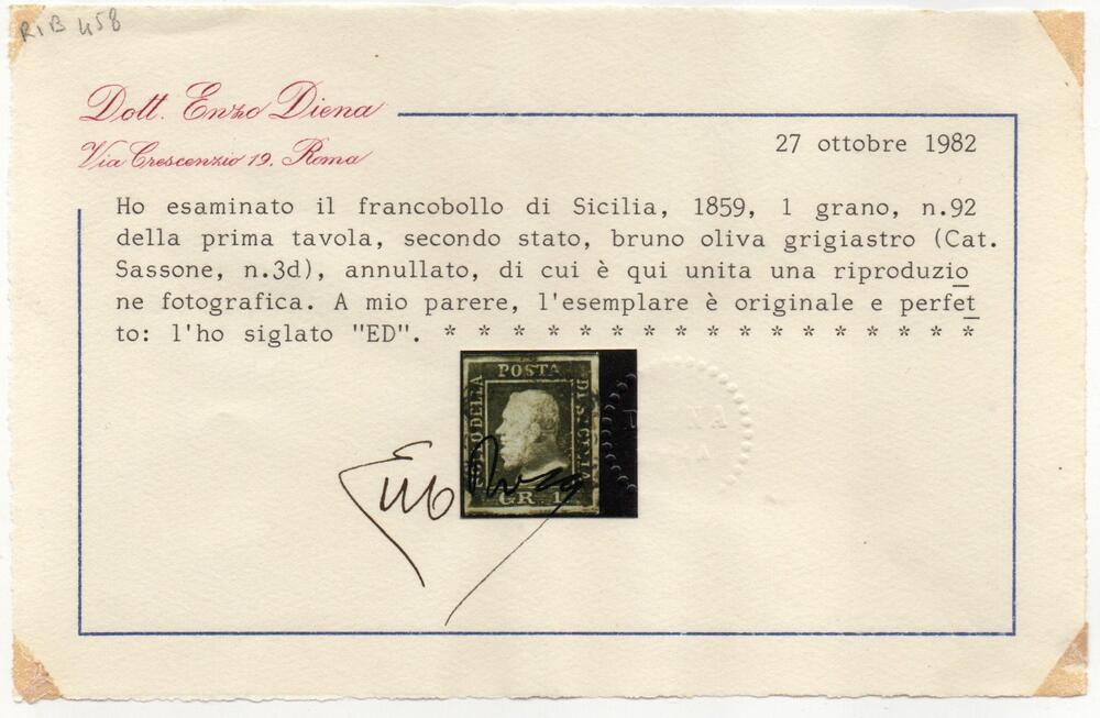 1859 - 1 grano bruno olivastro .Cat n.3d, annullato. Certificato Diena .