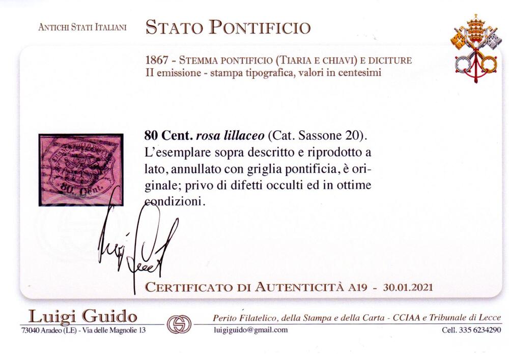 1867 80 centesimi n 20 usato cert Guido