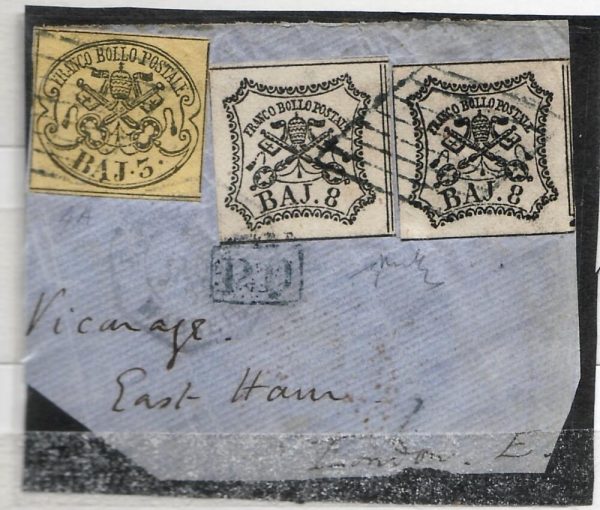 1852 frammento di lettera per Londra da 19 bajocchi 4a + 9x2
