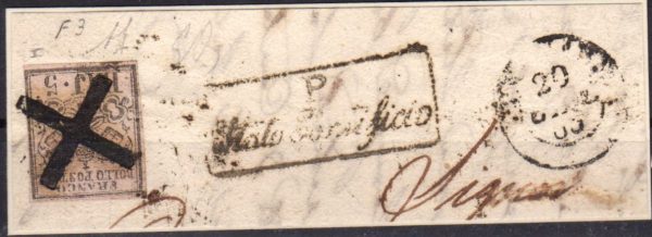 1852 frammento di lettra con annullo corsivo di Bracciano con 2 baj n 3 bordo di foglio