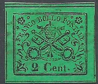 1867 Pontificio 2 cent leggero annullo e filetti visibili cert Chiavarello