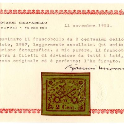 1867 Pontificio 2 cent leggero annullo e filetti visibili cert Chiavarello