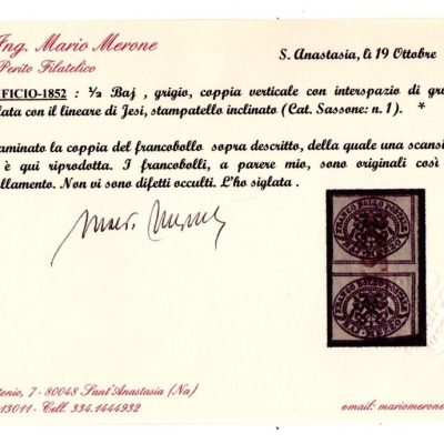 1852 coppia verticale interspazio di gruppo mezzo baj n1 annullo corsivo di Jesi