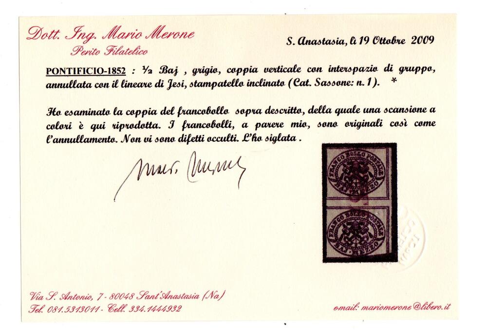 1852 coppia verticale interspazio di gruppo mezzo baj n1 annullo corsivo di Jesi