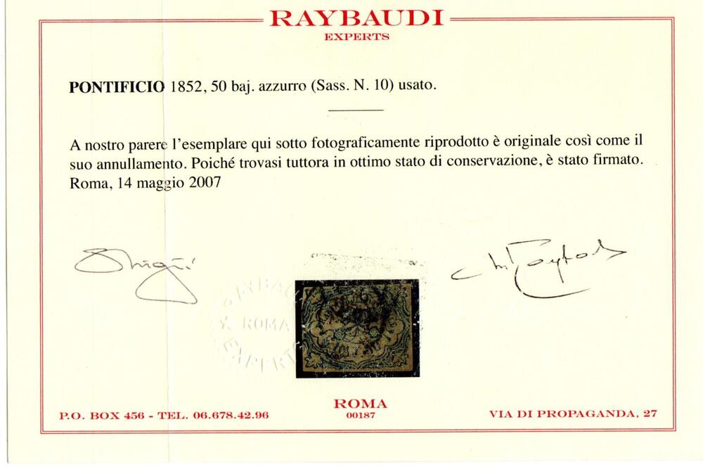 1852 50 baj usato annullo circolare cert Raybaudi