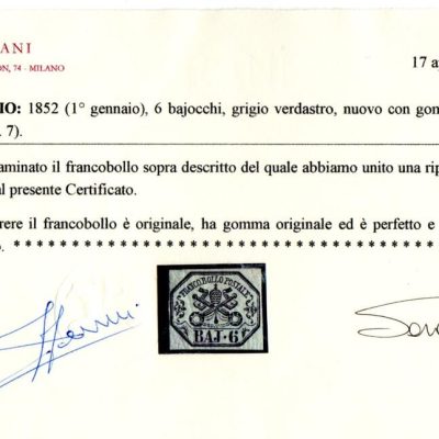 1852 6 Baj nuovo con gomma  splendido cert. Sorani