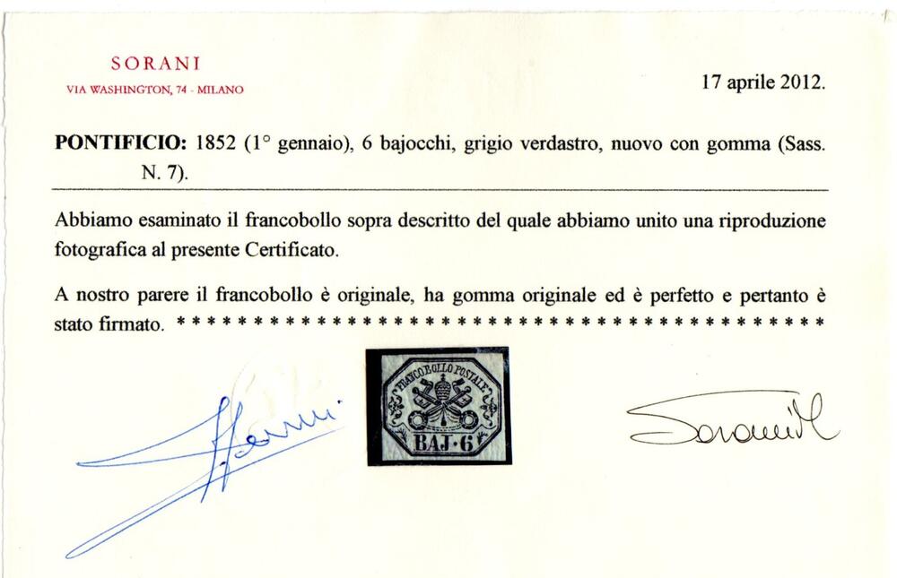 1852 6 Baj nuovo con gomma  splendido cert. Sorani