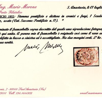 1852 1 scudo n11 annullo circolare di Roma raro cert. Merone piccolo assottigliamento
