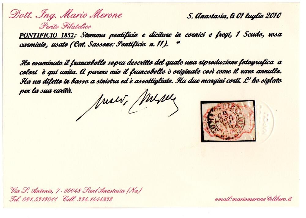 1852 1 scudo n11 annullo circolare di Roma raro cert. Merone piccolo assottigliamento