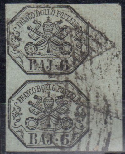 1852 coppia verticale 6 baj n 7 angolo di foglio firme al verso Diena -  Chiavarello - Merone