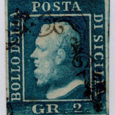 1859 - 2 grana cobalto .Catalogo n. 7b annullato. Firmato.