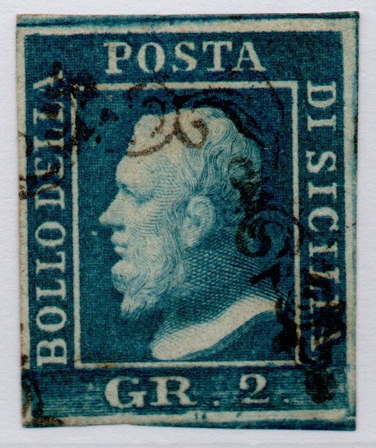 1859 - 2 grana cobalto .Catalogo n. 7b annullato. Firmato.