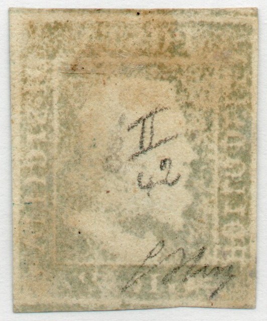 1859 - 2 grana cobalto .Catalogo n. 7b annullato. Firmato.