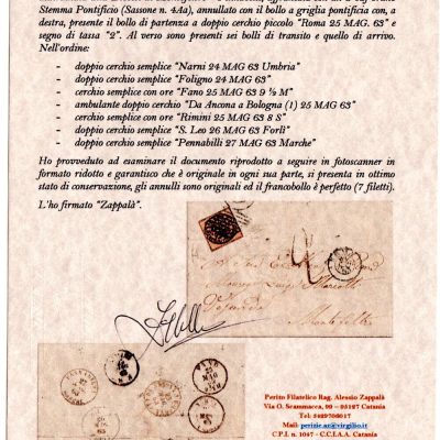 Pregevole busta da Roma per la diocesi di Montefeltro- Pennabilli affrancata con il valore n 4Aa con 7 filetti cert Zappalà