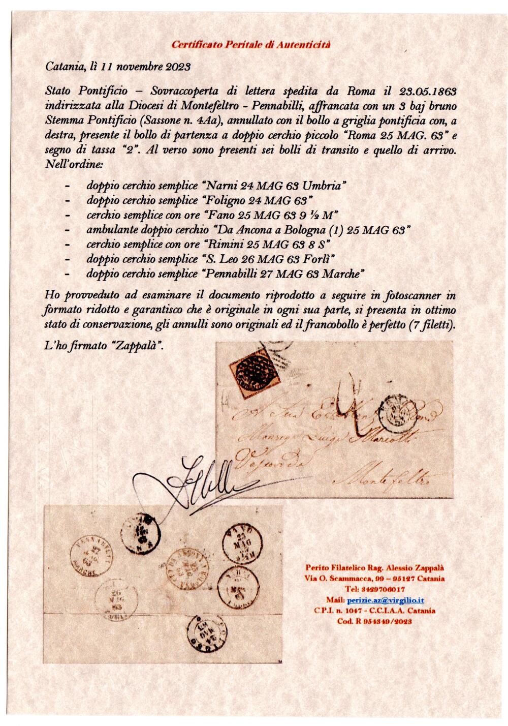 Pregevole busta da Roma per la diocesi di Montefeltro- Pennabilli affrancata con il valore n 4Aa con 7 filetti cert Zappalà