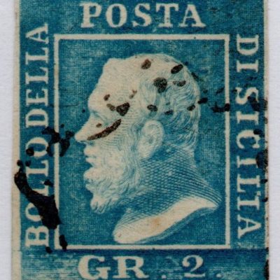 1859 - 2 grana azzurro vivo.Catalogo n. 8c annullato. Firmato.