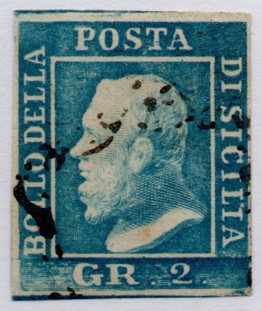 1859 - 2 grana azzurro vivo.Catalogo n. 8c annullato. Firmato.