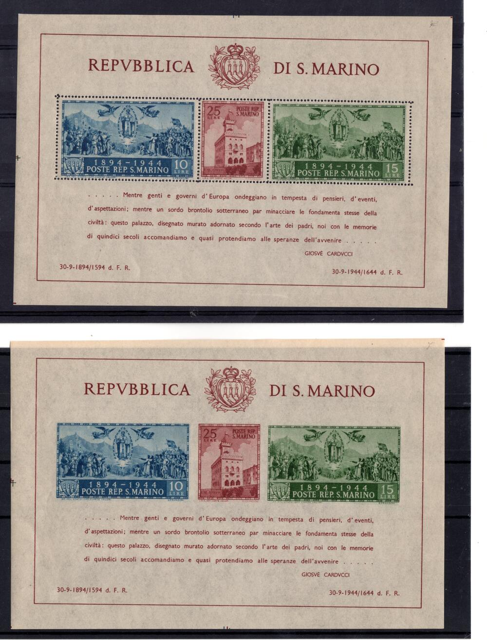 1945 Foglietti Palazzo del Governo n 6/7 dentellato e non dentellato gomma integra