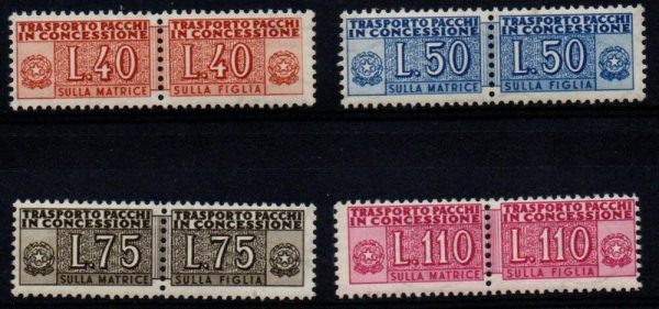 PACCHI IN CONCESSIONE 1953/55,RUOTA .Sassone n. 1/4. Gomma integra. Cert. Raybaudi. Leggera macchiolina sul valore da 50 lire.