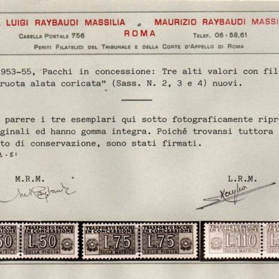 PACCHI IN CONCESSIONE 1953/55,RUOTA .Sassone n. 1/4. Gomma integra. Cert. Raybaudi. Leggera macchiolina sul valore da 50 lire.