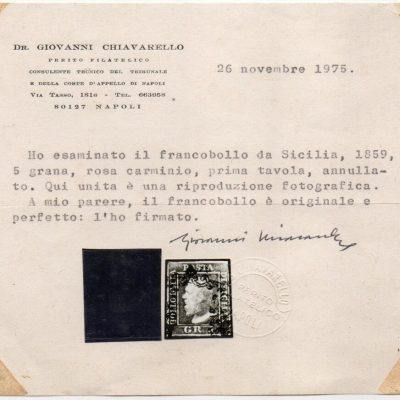 1859 - 5 grana vermiglio ,Cat n.9 annullato,certificato.