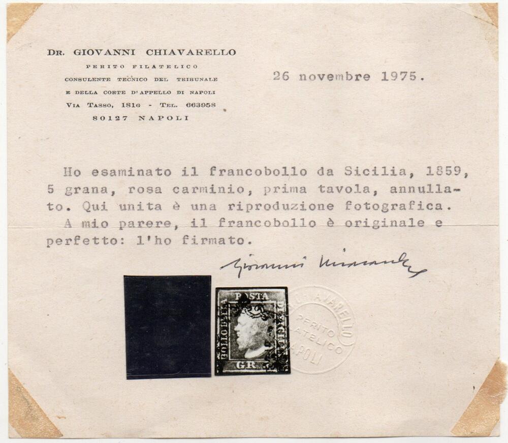 1859 - 5 grana vermiglio ,Cat n.9 annullato,certificato.