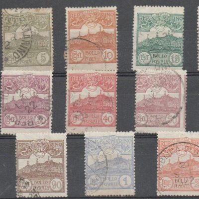 1921/24 - San Marino " CIFRA E VEDUTE + GARIBALDI", catalogo n.69/81 + 98/102 annullate. Serie complete.