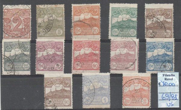 1921/24 - San Marino " CIFRA E VEDUTE + GARIBALDI", catalogo n.69/81 + 98/102 annullate. Serie complete.
