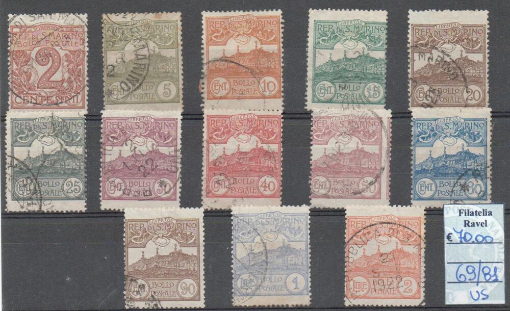 1921/24 - San Marino " CIFRA E VEDUTE + GARIBALDI", catalogo n.69/81 + 98/102 annullate. Serie complete.