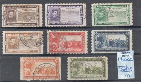 1932 - San Marino "GARIBALDI", catalogo n.168/75, serie completa. 8 valori annullata.