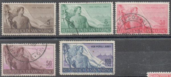 1948 - San Marino "LAVORO" , catalogo n. 336/40, serie completa, 5 valori, ANNULATI.