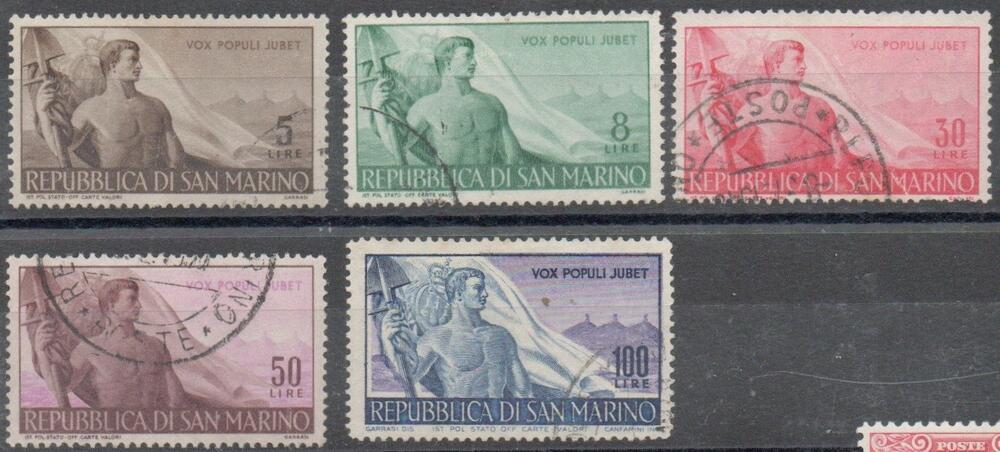 1948 - San Marino "LAVORO" , catalogo n. 336/40, serie completa, 5 valori, ANNULATI.