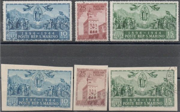 1945 - San Marino "PALAZZO DEL GOVERNO" , catalogo n. 278A/278C + 278D/F, 6 valorI, mista.