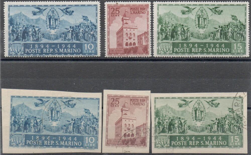 1945 - San Marino "PALAZZO DEL GOVERNO" , catalogo n. 278A/278C + 278D/F, 6 valorI, mista.