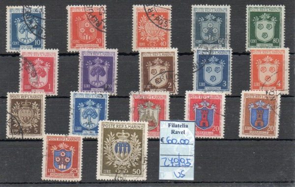 1945/46 - San Marino "STEMMI" , catalogo n. 279/95, 17 valori, serie completa, annullata.