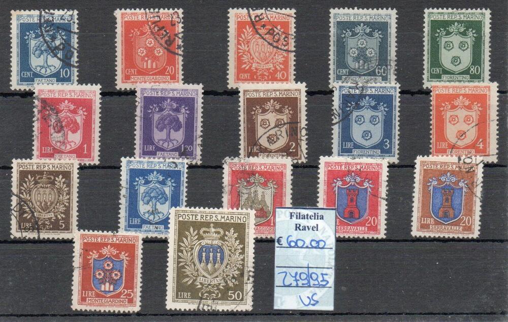 1945/46 - San Marino "STEMMI" , catalogo n. 279/95, 17 valori, serie completa, annullata.