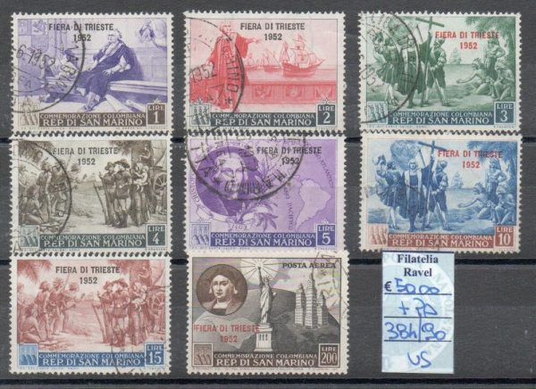 1952 - San Marino "FIERA DI TRIESTE" , catalogo n.384/90+P.A. 102, 8 valori, serie completa, annullata.