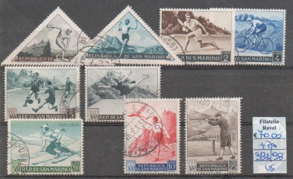 1953 - San Marino "PROPAGANDA SPORTIVA I°" , catalogo n. 391/98,+P.A. 111, 9 valori, serie completa, annullata.
