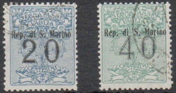 19 - San Marino "SEGNATASSE VAGLIA" , catalogo n. 1-2, 2 valori,  annullati.
