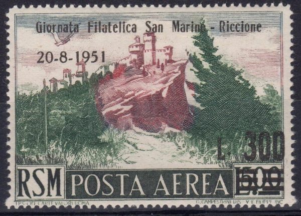 1951 " Giornata filatelica San Marino/Riccione " Catalogo Sassone P.A. n.98 . 1 val ,linguellato.