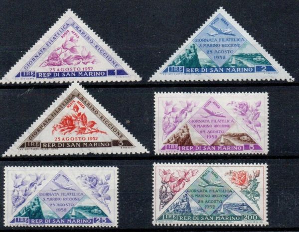 1952 " 4°GIORNATA FILATELICA SAN MARINO - RICCIONE " Cat. P.A. n.103/08 .Serie completa, linguellati.