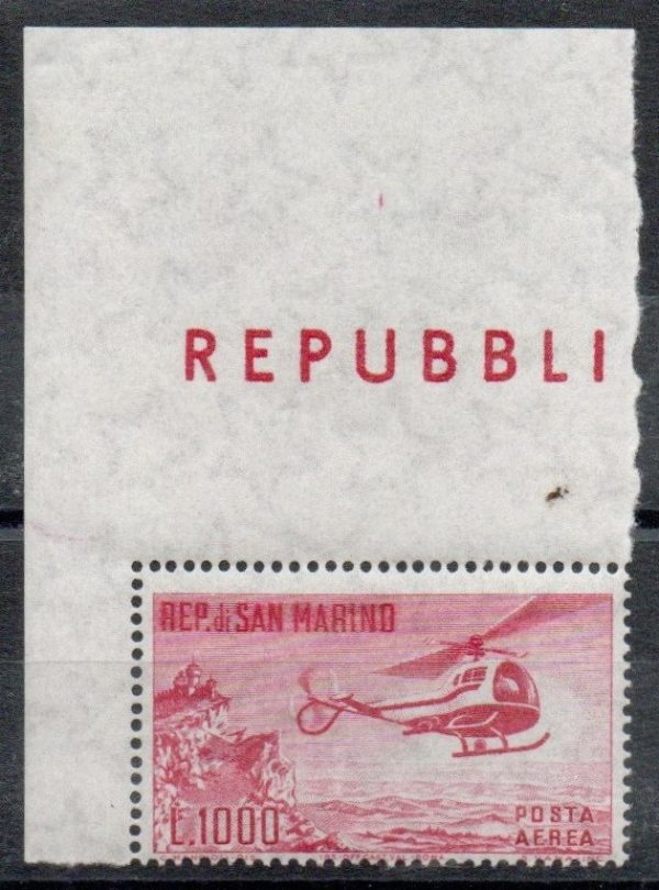 1961 " ELICOTTERO " Posta Aerea. Catalogo Sassone n.138 . Gomma integra. Angolo di foglio superiore sinistro.