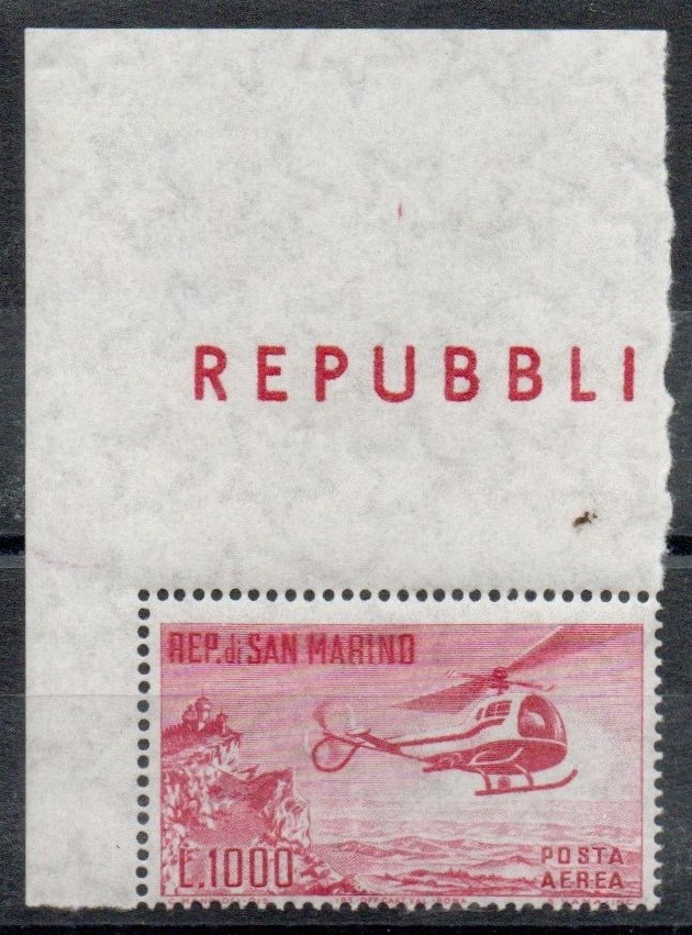 1961 " ELICOTTERO " Posta Aerea. Catalogo Sassone n.138 . Gomma integra. Angolo di foglio superiore sinistro.