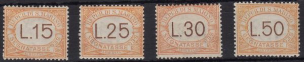 1927/28 SEGNATASSE "Valore in bruno" cifre carattere sottile. Serie completa 4 val.Cat n.28/31 linguellati.