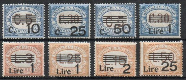 1936/39 SEGNATASSE del 1925 ,soprastampati. Serie completa 7 val.Cat n. 47/53 linguellati.