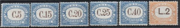 1939 SEGNATASSE con caratteri modificati per il 5 c. Serie completa 6 val.Cat n. 54/59 linguellati.