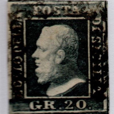 1859 - 20 grana grigio ardesia ,Cat n.13 annullato. Firmato.